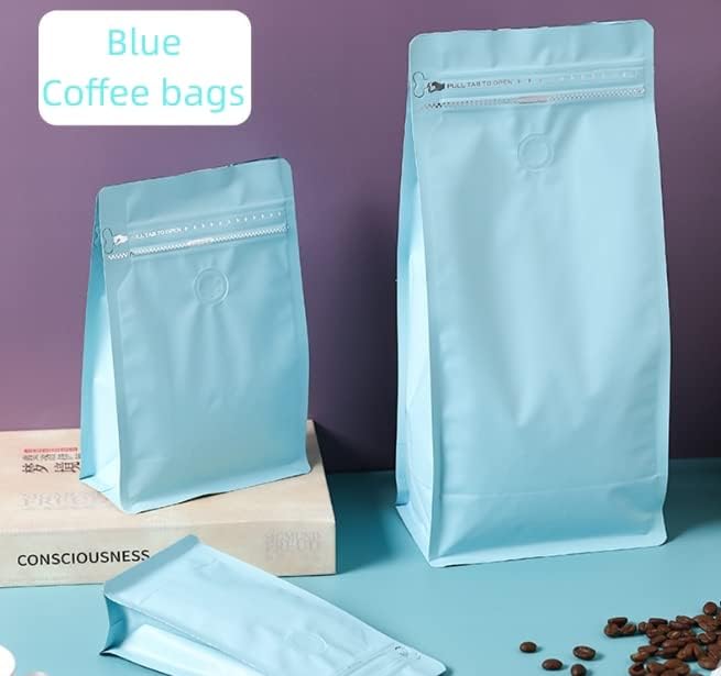 Coffee Bags with Valve(12 oz,3/4 lb,50pcs) Blue High Barrier Aluminumed Foil Flat Bottom Heat Sealed Coffee Beans Packaging Bags Side Zipper Resealable Bags for Home or Business