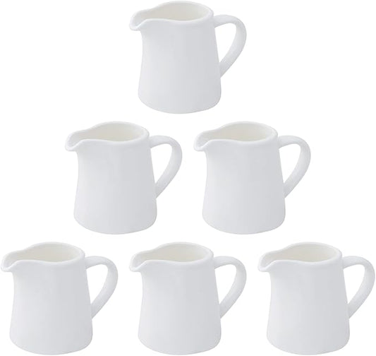 TAMAYKIM 4.5 oz Ceramic Cream Jugs, Small Creamer Pitcher with Handle, White Porcelain Classic Creamers for Coffee, Tea, Milk, Jam, Sauces, 6 Pack
