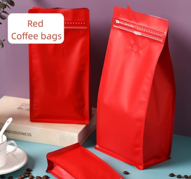 Coffee Bags with Valve (16 oz,1 lb,50pcs) Red High Barrier Aluminumed Foil Flat Bottom Heat Sealed Coffee Beans Packaging Bags Side Zipper Resealable Bags for Home or Business