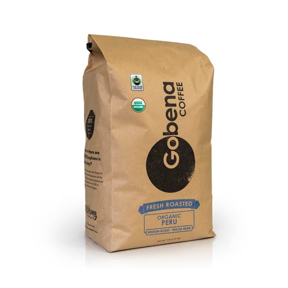 Gobena Coffee 5lb Fair Trade Organic Certified Peruvian Whole Bean Fresh Roasted Specialty, Medium Roast, 100% Arabica Coffee, 80 ounces, 5 pounds, Bulk