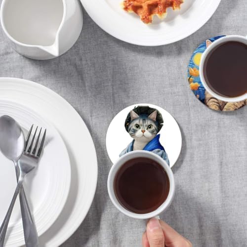 Puraikcmi Cat Lover Coasters Set of 8 with Holder, Ceramic, Multicolor, Funny Cat Designs, Drink Coasters for Table, Office, Desk, Bar, Gift