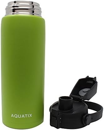 New Aquatix (Lime Green, 21 Ounce) Pure Stainless Steel Double Wall Vacuum Insulated Sports Water Bottle Convenient Flip Top Cap with Removable Strap Handle - Keeps Drinks Cold 24 hr/Hot 6 hr