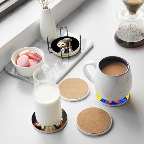 Puraikcmi Cat Lover Coasters Set of 8 with Holder, Ceramic, Multicolor, Funny Cat Designs, Drink Coasters for Table, Office, Desk, Bar, Gift