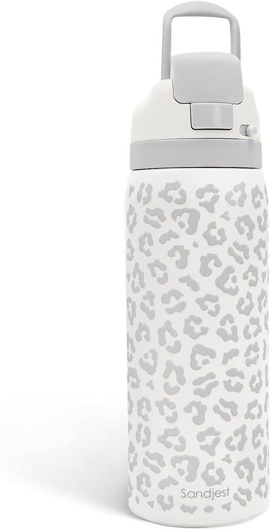 Leopard Print Insulated Stainless Steel Water Bottle with Straw for Sports and Travel, 32oz, Gifts for Women Girls Friends Teens Birthday Christmas (Grey)