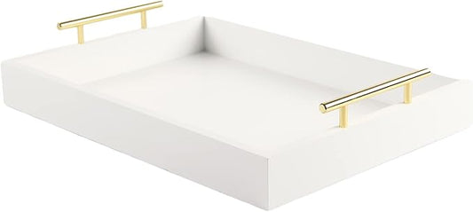 JJSQYLAN Wooden Serving Tray with Handles Rectangle Breakfast Tray for Coffee Table Decorative Ottoman Tray 16”x 12” for All Occasion's (White)