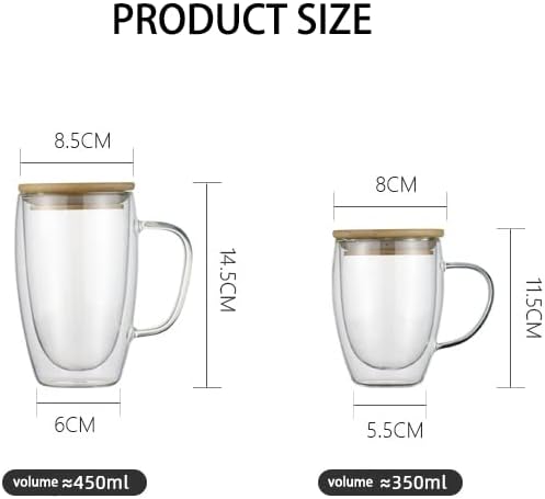 12 Oz Double Walled Glass Coffee Mugs, 2 Packs Clear Coffee Mugs with Lids Insulated Coffee Cups with Handle Perfect for Cappuccino,Tea,milk ,Espresso,Latte, Hot Beverage Set of 2 (Glass lid, 12oz)
