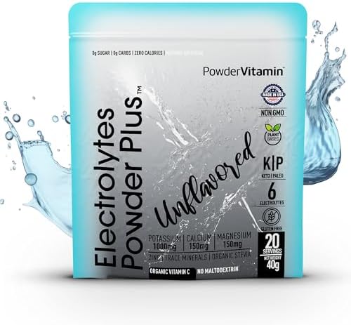 PowderVitamin Electrolytes Powder Plus (20 Servings) Unflavored Electrolyte Powder Keto, Sugar Free, Pink Himalayan Salt.,1000mg Potassium,150mg Calcium,150mg Magnesium, Hydration Powder NO STEVIA
