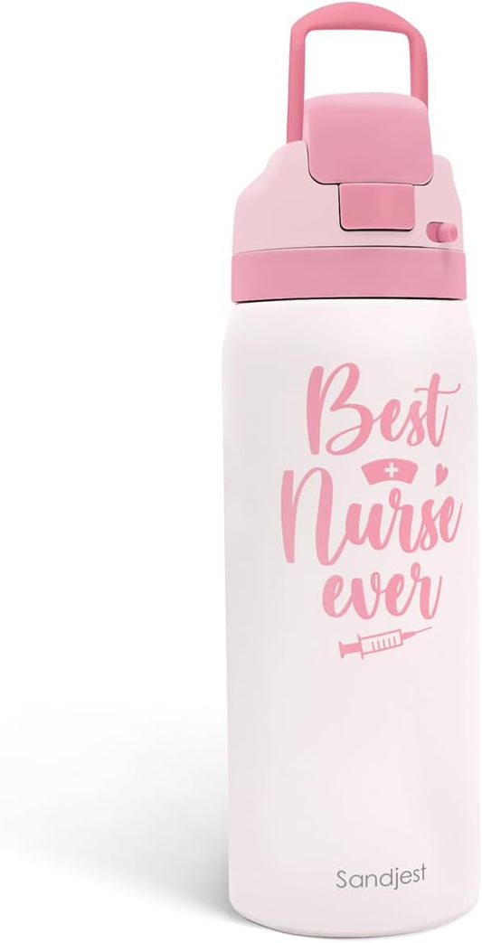 Nurse Insulated Stainless Steel Water Bottle with Straw for Sports and Travel, Best Nurse Ever, 32oz, Gifts for Women Graduation Nurse Week Appreciation Birthday Christmas