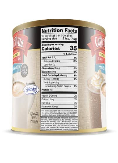 Caffe D'Vita Sugar Free French Vanilla Cappuccino - Instant Coffee Powder Mix, Gluten Free, No Cholesterol, No Hydrogenated Oils, 99% Caffeine Free - 1.5 Lb Can