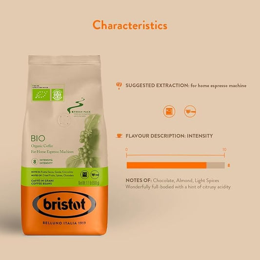 Bristot Bio Organic Italian Espresso Beans – Whole Bean Coffee, Medium Roast – Smooth & Aromatic with Spices, Caramel & Sandalwood Notes – 1.1 lb (500 g), Certified USDA Organic