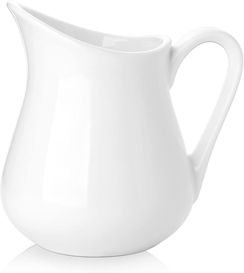 Nucookery 12 Oz Ceramic Creamer with Handle, White Coffee Milk Pitcher, Porcelain Creamer Container Holder For Sauces Salad Coffee Milk, Microwave & Freezer Safe (12-Ounce, Set/1)