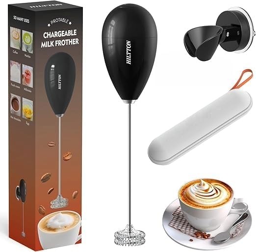 Hiltton Rechargeable Milk Frother Handheld with Stand and Travel Pouch – Portable Electric Handheld Frother for Coffee and Drink Mixer, Stainless Steel Waterproof Detachable Whisk