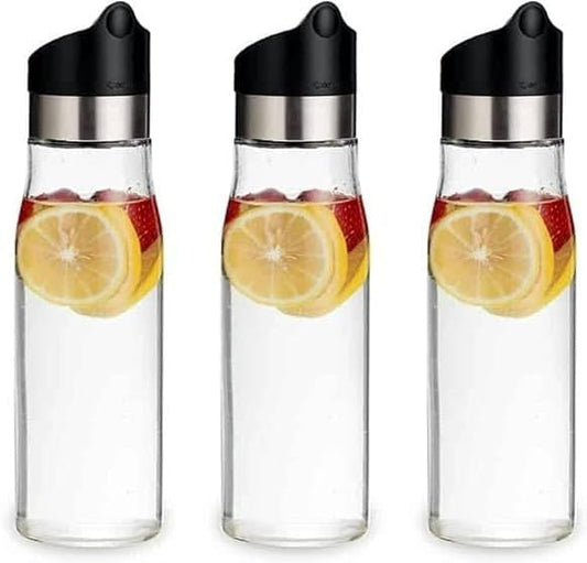 J&M DESIGN 3-Pack 28 OZ Glass Pitcher with lid Water Carafe Easy Twist Stainless Steel & Plastic Lid w/Removeable Strainer Juice Beverage Iced Tea Ice Coffee Milk Dishwasher Safe Container Bottle Jar