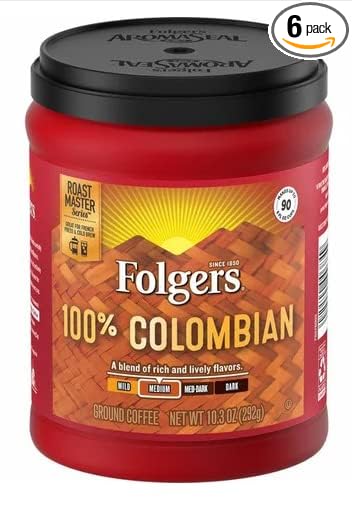 Folgers 100% Colombian Medium Roast Ground Coffee, 9.6 Ounce (Pack of 6)