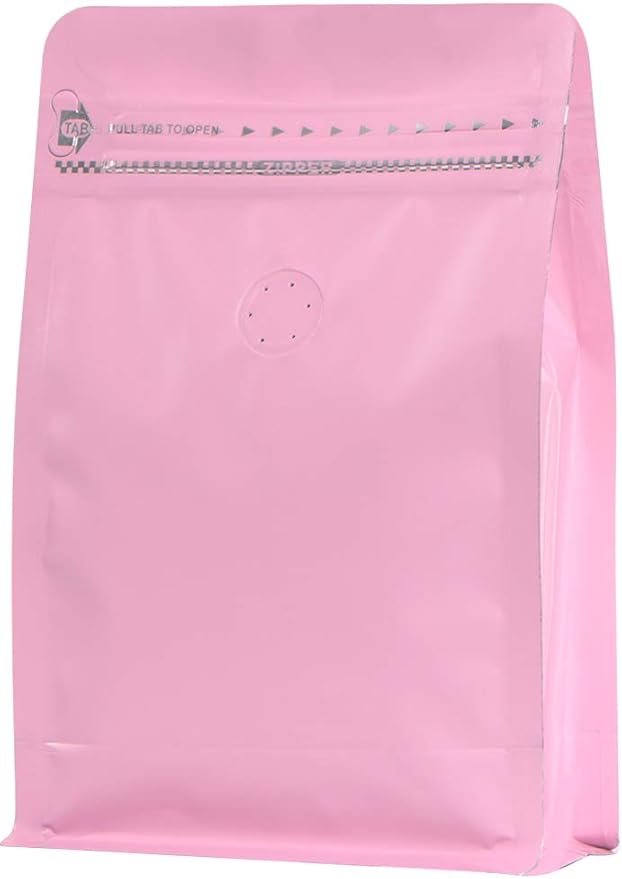 coffee bags with Valve High Barrier Aluminumed Foil Flat Bottom Standing Coffee Beans Storage Bags,Reusable Heat Sealable Side Zipper Pouches (8oz/50pc, Pink)