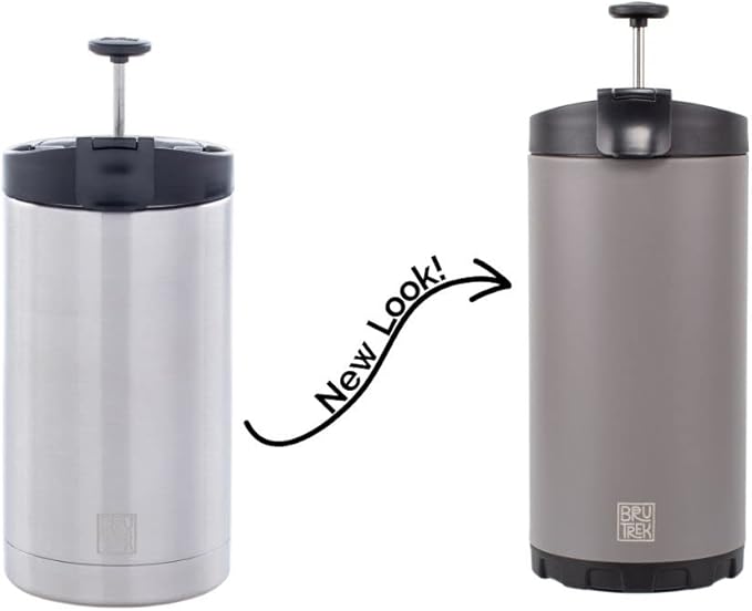 BruTrek Steel Toe 3.0 Travel Coffee Press - Brew 20 fl.oz On The Go - No Spill Lid, Double Wall Vacuum Insulated Stays Hot for Hours, French Press Coffee (Storm Gray)