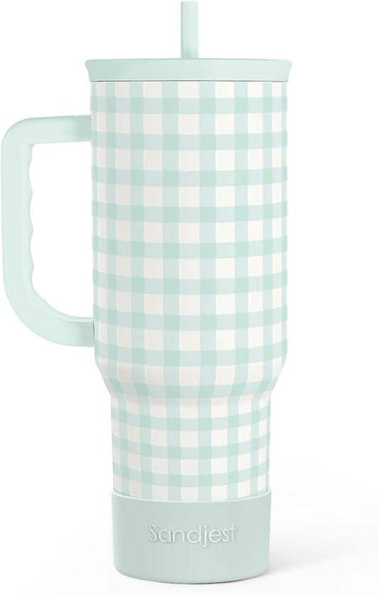 Mint Gingham 40oz Slider Tumbler with Handle and Straw - Insulated Stainless Steel Travel Coffee Mug for Women Girls, Gift for Birthday, Christmas