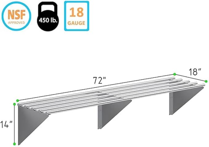 Premium Stainless Steel Tubular Wall Shelf – 72" L x 18" D | NSF Certified | Extra-Large Appliance & Equipment Shelf for Kitchen, Restaurant, Garage, Utility Room