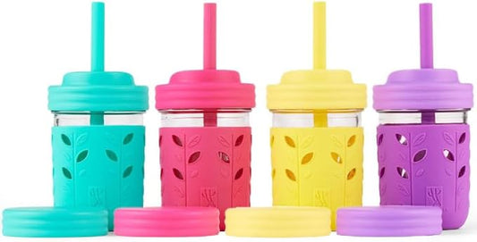 Elk and Friends Kids + Toddler Glass Cups | The Original 8oz Glass Mason Jar with Sleeves + Lids | Silicone Straws + Stopper | Smoothie Cup | Food Storage | Spill Resistant | Dishwasher Safe | 4 Pack