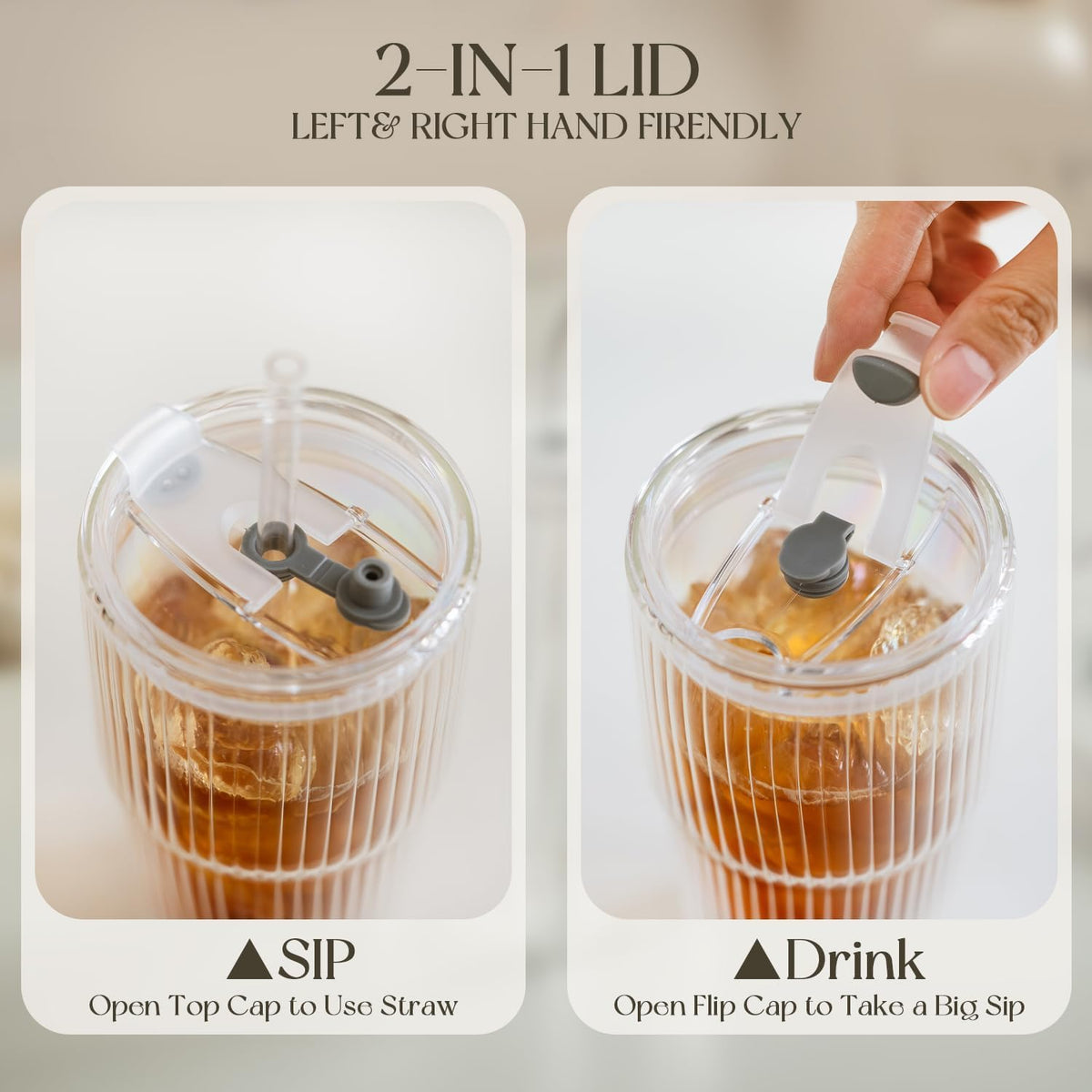 KEMORELA 16 oz Double-Wall Glass Tumblers with Lids & Straws, Set of 2