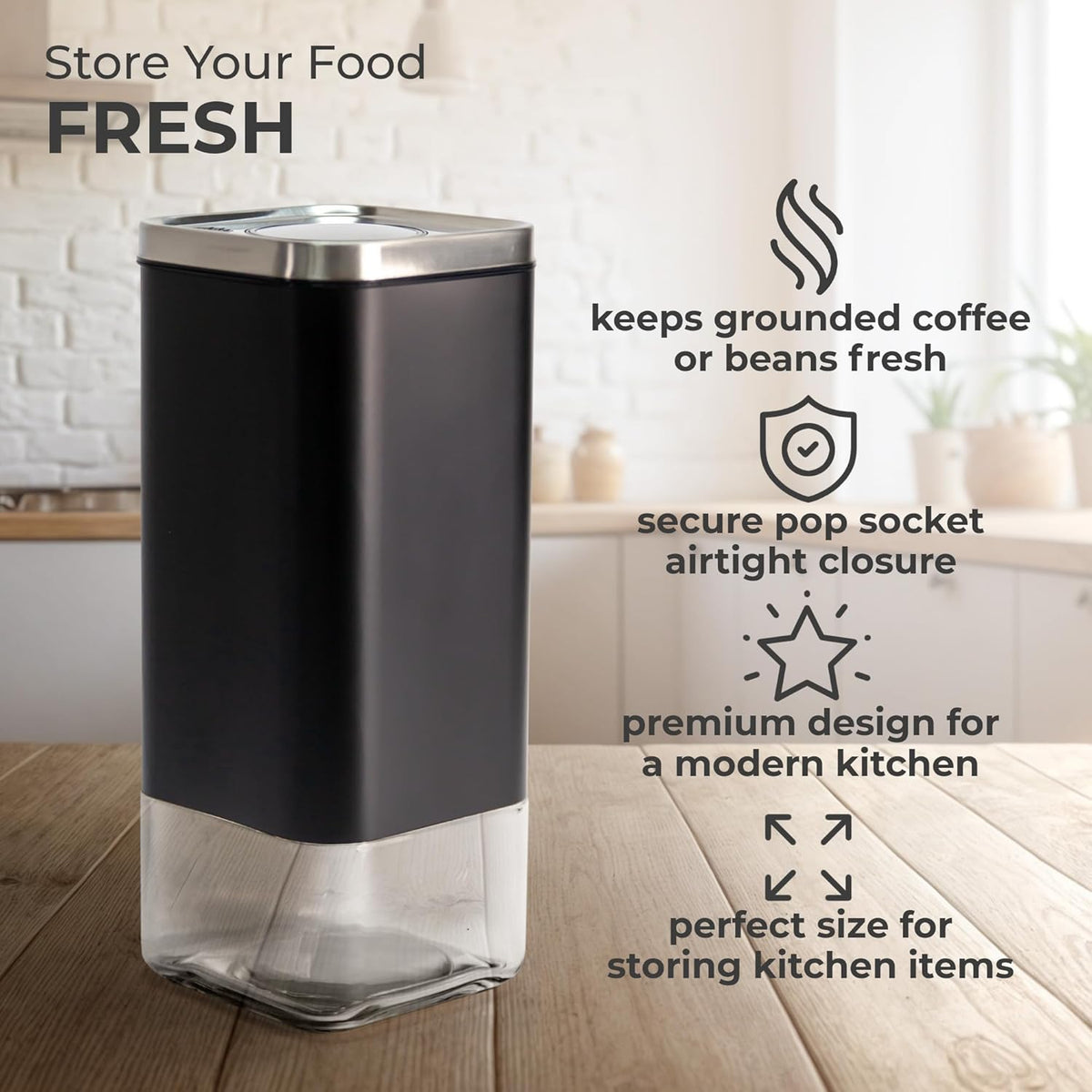 Kaffè 16 oz Square Airtight Glass Coffee Canister – Black & Silver
