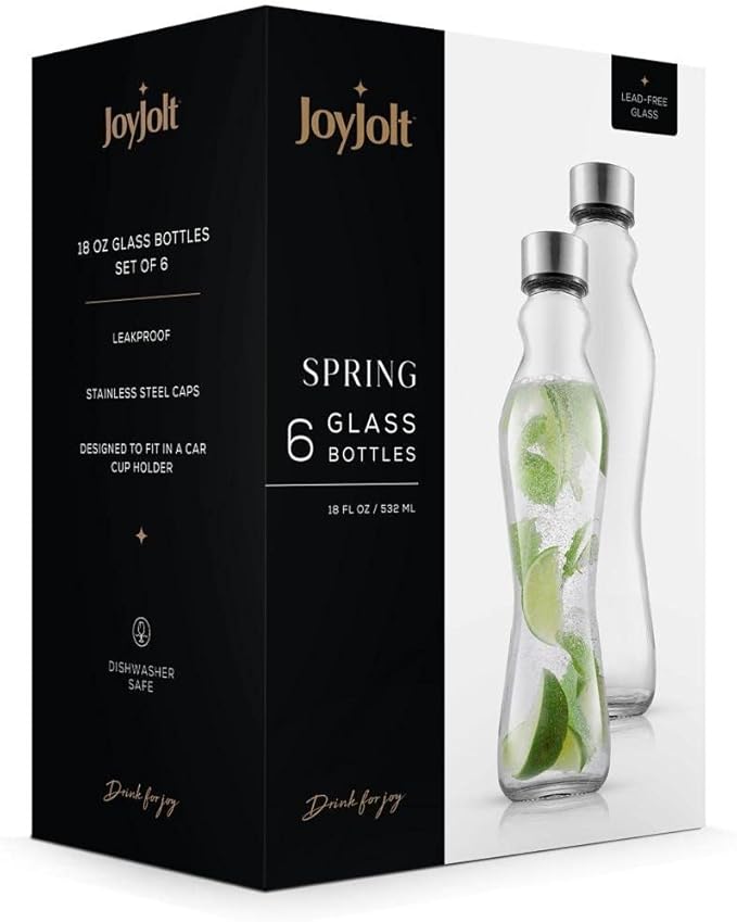 JoyJolt Spring Glass Water Bottles Set of 6-18 oz Glass Bottles with Stainless Steel Caps - Glass Drinking Bottles with Leakproof Lids - Reusable Glass Juice Bottle - Container Bottle Set