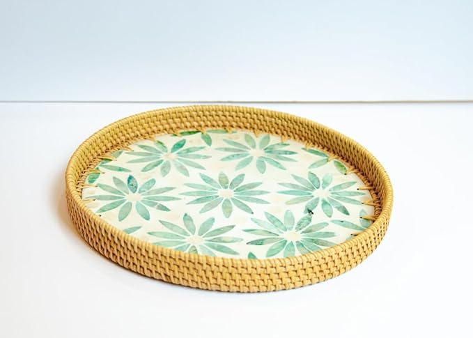 Magenta & Teal Round Rattan Serving Tray with Mother of Pearl Inlay, Wicker Coffee Table Decor, Farmhouse Style (Green Flower)