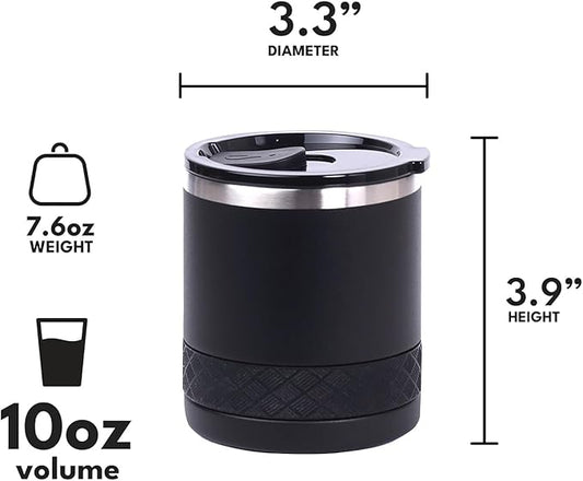 Elemental Recess Lowball Tumbler Set of 2, 10oz Triple Wall Stainless Steel Cup with Non-Shattered Tritan Lid, Insulated Whiskey Glass, Insulated Coffee Tumbler Mug for Hot & Cold Drinks - Black