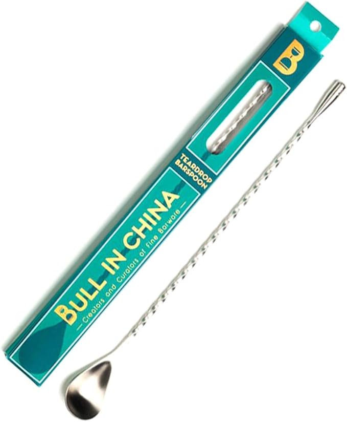 Teardrop Barspoon by Bull In China - 16" / 40cm Silver Weighted Cocktail Stirring Spoon With Spiral Pattern for Bars & Bartenders