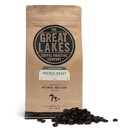 Great Lakes Dark Roast Whole Bean Coffee, Organic Detroit French Roast Signature Blend, Fair Trade Sourced from Peru, 12 Ounces