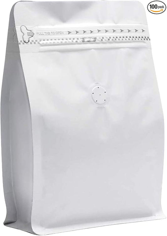 100 Pieces 8oz/0.5lb White Kraft Paper Coffee Bags, Stand Up Coffee Pouches with One Way Degassing Valve and Reusable Side Zipper (Pull Tab to Open) Flat Bottom - Stand Up Well (8oz, 0.5lb, 227gram)