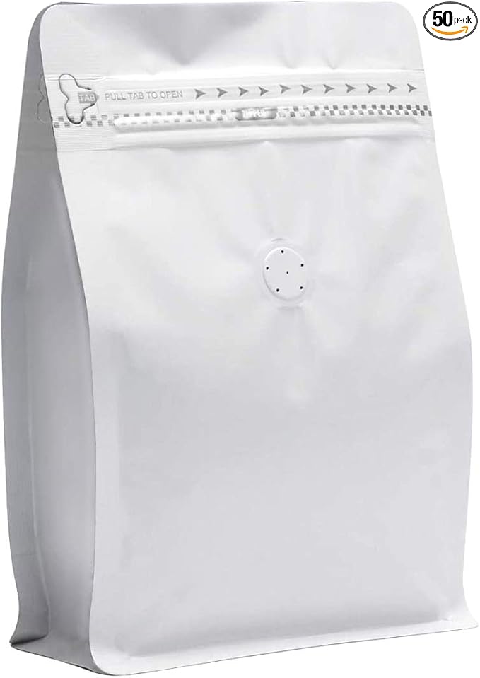 50 Pieces 8 Ounce White Kraft Paper Coffee Bags, Stand Up Coffee Pouches with One Way Degassing Valve and Reusable Side Zipper (Pull Tab to Open) Flat Bottom - Stand Up Well (8oz, 0.5lb, 227gram)