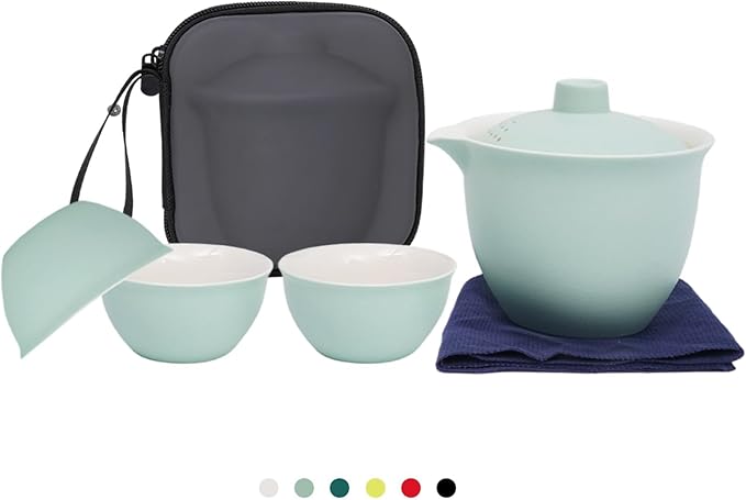 Porcelain Chinese Gongfu Tea Sets for Adults Ceramic japanese Tea Set Portable Kungfu Gaiwan Teapot and Cup Set Small Travel Teaset with Lid for Home Gifting Outdoor and Office (Blue)