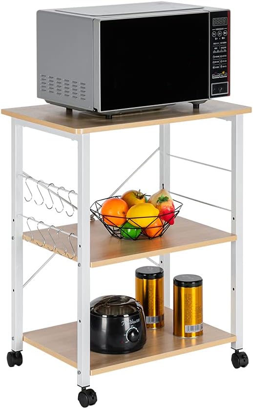 VINGLI Kitchen Cart, 3 Tier Standing Baker's Rack Utility Storage Shelf Microwave Oven Stand with 10 S-Shape Hooks Rolling Lockable Caster (Beige & White)