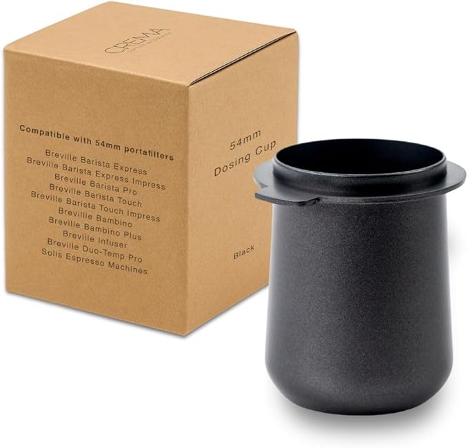 Crema Coffee Products 54mm Dosing Cup | Compatible with Breville Portafilters etc | Durable 100% Stainless Steel | Built-In Grinder Tab for Easy Transfer | Sleek, Mess-Free Design | Black Finish