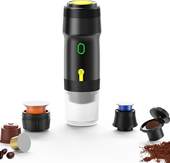 Portable Espresso Maker, 20 Bar Pressure Small Coffee Machine, Rechargeable Battery Operated Mini Coffee Maker for Pods or Grounds, Includes Car Charger, for Hot & Iced Coffee (Silver)