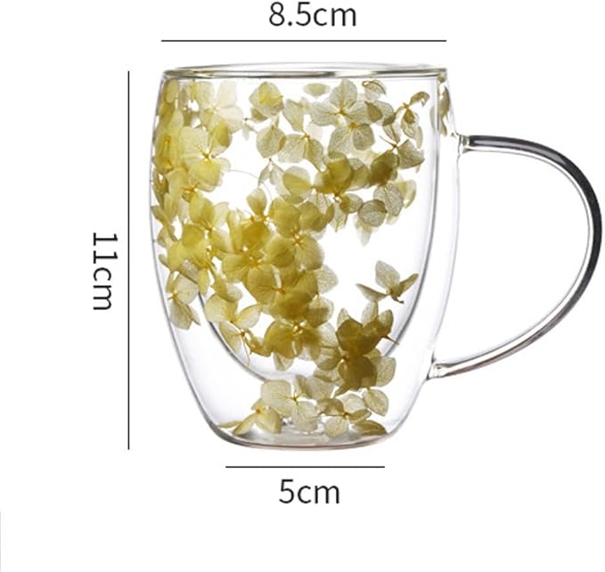 Double Wall Glass Coffee Mugs, 12 oz Clear Floral Insulated Glass Cups with Handle, Hand Blown Borosilicate Coffee Mug for Espresso, Cappuccino, Latte, Tea & Hot Beverages (Mix)