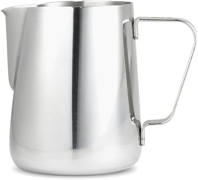 Barista Basics 12 Oz Silver Stainless Steel Milk Frother Pitcher, Steaming Pitcher for Latte Art, Food-Grade/w Measurements