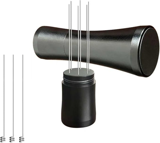 Espresso WDT Tool with Stand, Black Aluminum and Stainless Steel Coffee Distribution Stirrer, Replaceable Needles