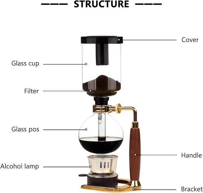 WANLWH Siphon coffee machine, Vacuum coffee maker, Japanese siphon coffee maker, Manual coffee brewer, Coffee maker for camping (Wood Color & Gold Base, 5 Cups(600ml))