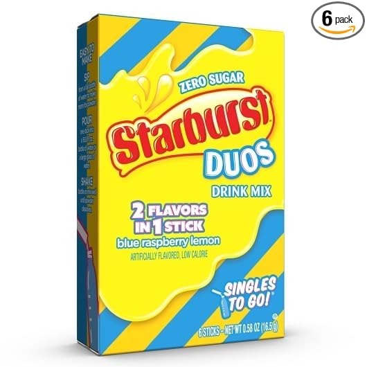 Starburst Duos Singles to Go Drink Mix Blue Raspberry Lemon, 6 Boxes with 6 Packets Each-36 Total Servings