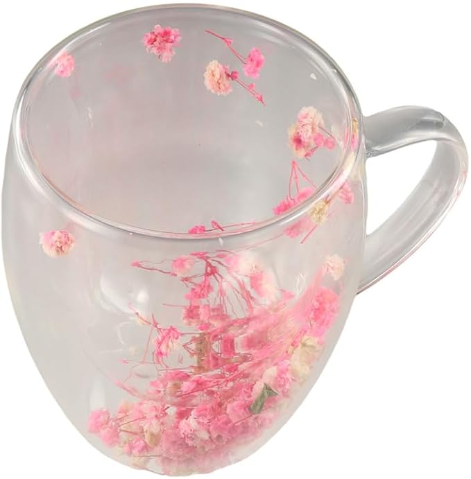 Dried Flower Double Wall Glass Coffee Mugs, 350ML Clear Flower Coffee Mug Cup with Handle Insulated Heat Resistant Glass Cup for Tea Latte Cafe Milk Hot Cold Beverages