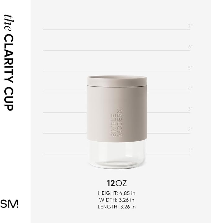 Simple Modern Clarity Cup | Glass Coffee Tumbler with 360° Lid and Silicone Sleeve | Iced Cold Brew and Tea Travel Mug | 12oz, Almond Birch