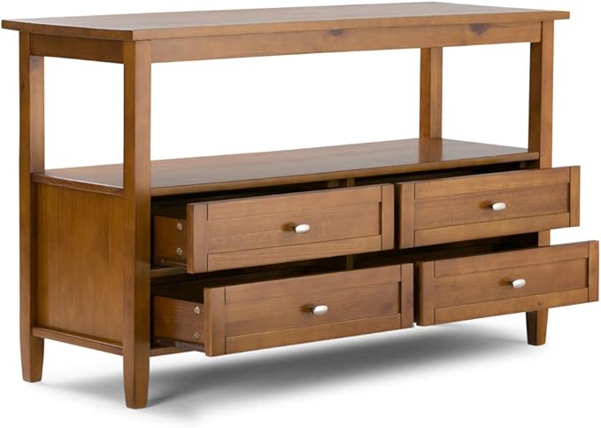 SIMPLIHOME Warm Shaker Console Table - 48 Inch Wide Solid Wood Sofa Table in Light Golden Brown, Transitional Storage Table for Living Room with 4 Drawers, Open Shelf, and Brushed Nickel Knobs