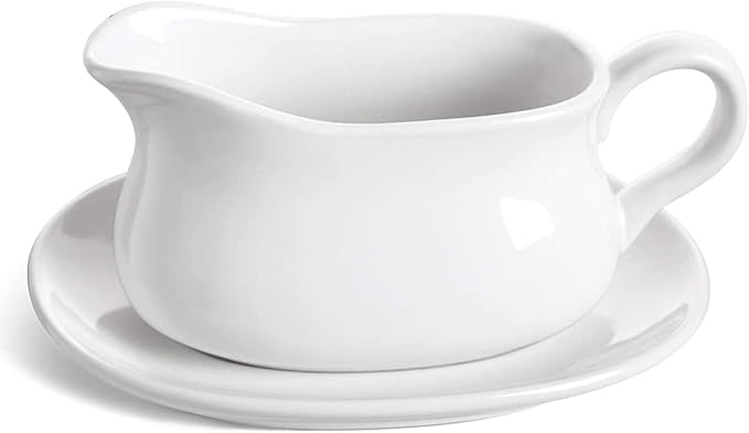 LE TAUCI 17oz Gravy Boat with Saucer Stand, Set of 1, Ceramic Sauce Boat with Tray for Salad Dressings, Creamer, Broth, Black Pepper, White