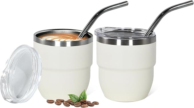 4oz Stackable Cup, Vacuum Insulated Espresso Cup Set of 2, Espresso Shot Glass for Coffee, Double Wall Stainless Steel Mini Tumbler Shot Glasses with Straw and Lid
