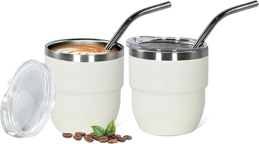 4oz Stackable Cup, Vacuum Insulated Espresso Cup Set of 2, Espresso Shot Glass for Coffee, Double Wall Stainless Steel Mini Tumbler Shot Glasses with Straw and Lid