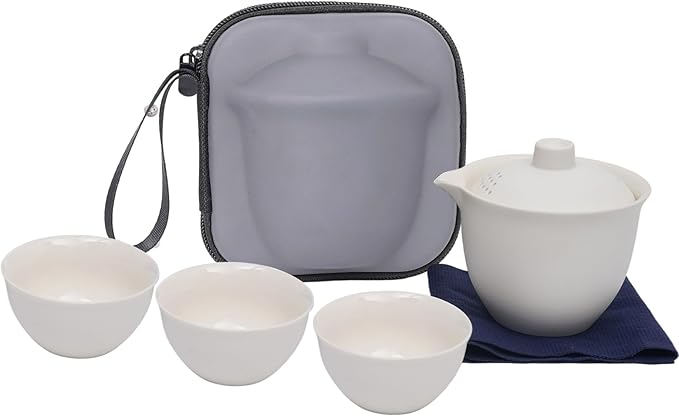 Porcelain Chinese Gongfu Tea Sets for Adults Portable Kungfu Teapot and Cup Set Small Ceramic Tea Party Set Travel Teaset with Lid for Home Gifting Outdoor and Office (White)