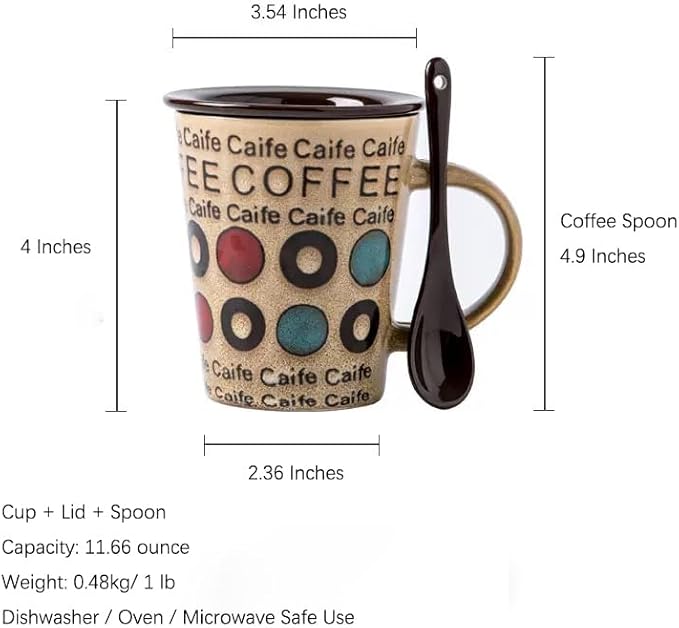 Ceramic Coffee Cup with Spoon and Lid, 12 oz Coffee Mug, Microwave Dishwasher Safe, Cup for Latte, Hot Tea, Cappuccino, Farmhouse Mug Novelty Rustic Glaze Cup, Christmas Gift Letter Khaki