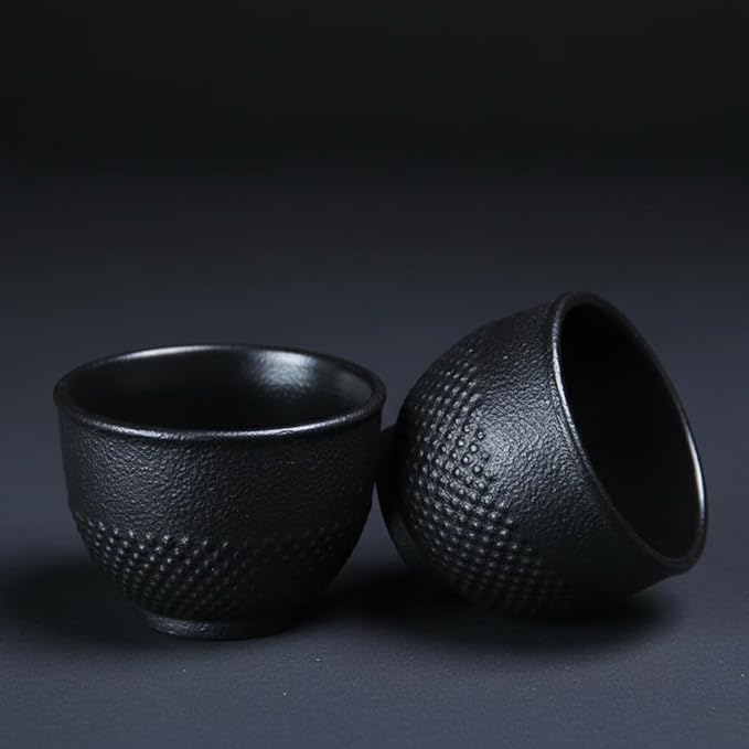 Japanese Cast Iron Tea Cups, Small and Heavy Teacups with no Handles, Japanese Style Cups for Adults, Asian Tea Cups, Coated with Enameled Interior, 4 Pcs/Box (Black, 5oz/150ml)